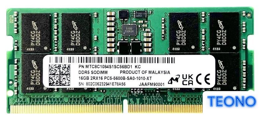 Оперативная память Micron 16ГБ DDR5 SODIMM 5600 МГц MTC8C1084S1SC56BD1 - Изображение №1 — Интернет-магазин Teono.by