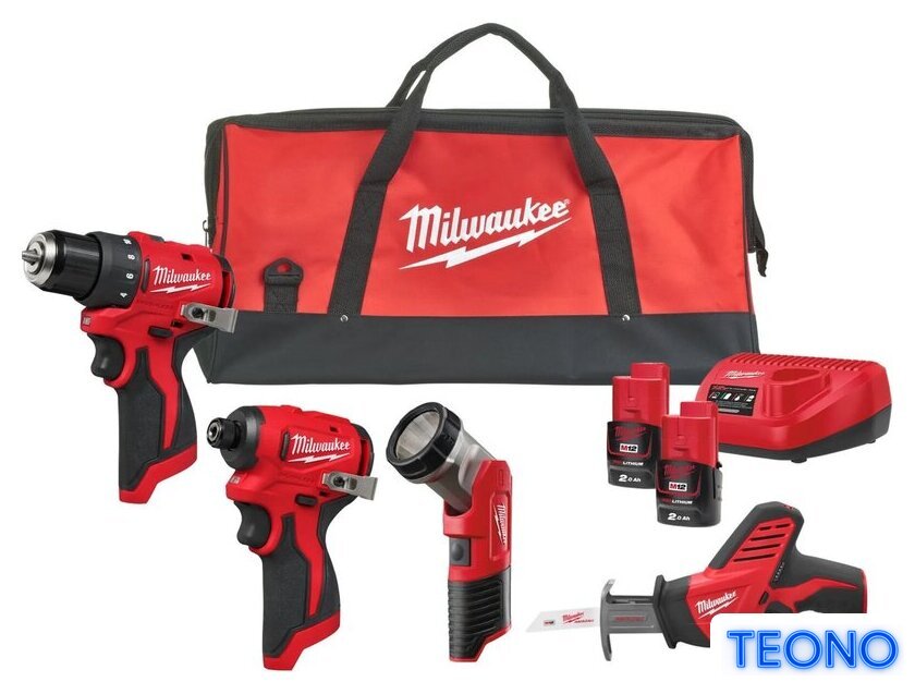  Milwaukee M12 BLPP4A-202B 4933499693 (шуруповерт, винтоверт, фонарь, сабельная, 2 АКБ, сумка) - Изображение №1 — Интернет-магазин Teono.by