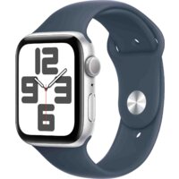 Apple Watch SE 2 44 мм (алюминиевый корпус, серебристый/грозовой синий, спортивный силиконовый ремешок S/M)