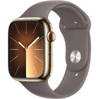Apple Watch Series 9 LTE 45 мм (корпус из нержавеющей стали, золотистый/темно-серый, спортивный силиконовый ремешок S/M)